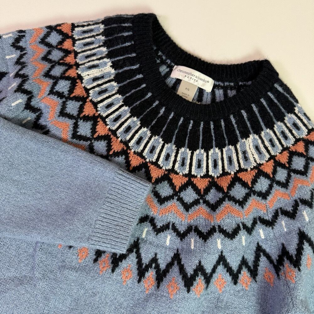 Women's Fair Isle Knit Sweater Petite Small Blue Nordic Yoke Cozy Winter Cabin